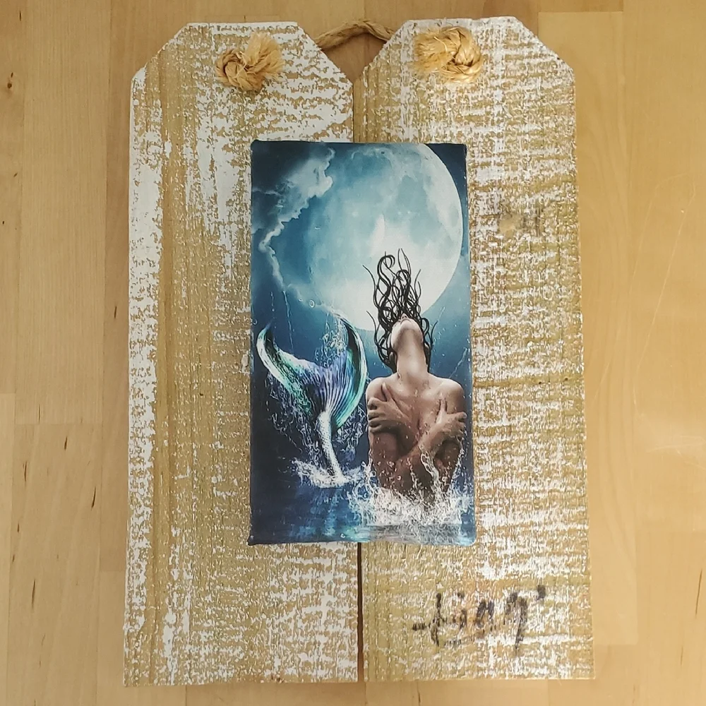 Nautical Mermaid Wall Décor Set Seashell Canvas Coastal Room Accents - Picture 3 of 11